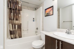 The bathroom features a bathtub with a shower, a toilet, and a vanity with a sink and storage below - 
