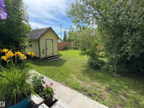 Backyard featuring a manicured lawn, established landscaping, mature trees providing natural shade, a dedicated storage shed, and a privacy fence. Behind the fence is room for additional parking. - 5117 52 Avenue, Elk Point, AB - Outdoor