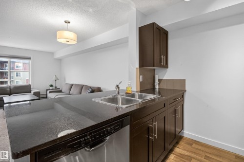 The open concept living area features a kitchen with dark cabinetry, granite countertops, and a double basin sink, overlooking a living room with a large window - 311 12035 22 Avenue, Edmonton, AB - Indoor Photo Showing Kitchen With Double Sink