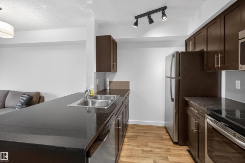 The kitchen features dark wood cabinetry, stainless steel appliances, a double basin sink, and a dark countertop - 311 12035 22 Avenue, Edmonton, AB - Indoor Photo Showing Kitchen With Stainless Steel Kitchen With Double Sink