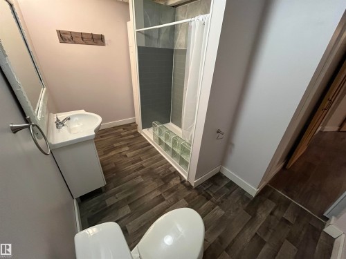 This bathroom features wood-look flooring, a white pedestal sink with a chrome faucet, and a shower with glass block detailing - 21917 95A Avenue, Edmonton, AB - Indoor Photo Showing Bathroom