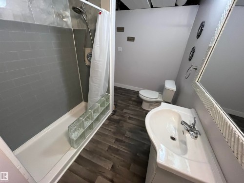 Bathroom featuring a vanity with a white basin and chrome faucet, a toilet, and a shower with gray subway tile and glass blocks - 21917 95A Avenue, Edmonton, AB - Indoor Photo Showing Bathroom