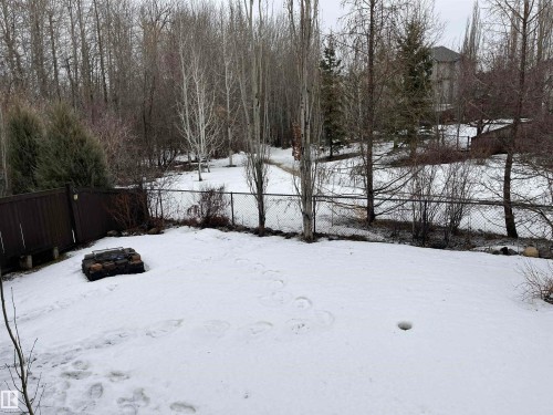 Expansive rear yard featuring a privacy fence, a fire pit, and mature trees - 21917 95A Avenue, Edmonton, AB - Outdoor