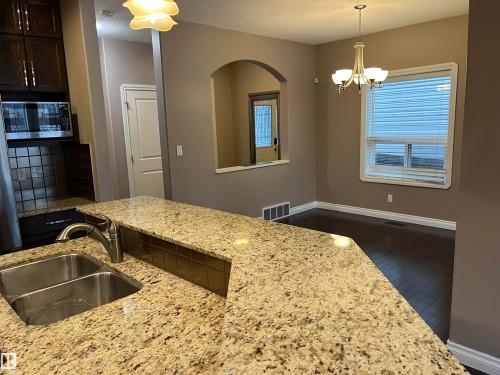 The kitchen features granite countertops, a double basin sink with a chrome faucet, and dark wood cabinetry - 21917 95A Avenue, Edmonton, AB - Indoor Photo Showing Kitchen With Double Sink