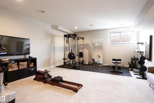 The property features a dedicated fitness area with carpeted flooring and a window providing natural light - 1003 Huckell Place, Edmonton, AB - Indoor Photo Showing Gym Room