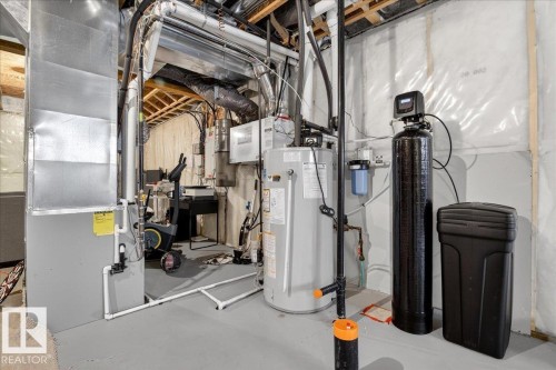 The property includes a water heater, a water filtration system, and a water softener - 203 Cavanagh Common, Edmonton, AB - Indoor Photo Showing Basement