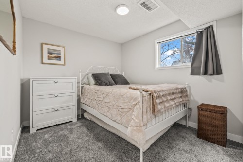 This room features light gray walls and dark gray carpet, creating a neutral and inviting atmosphere - 9321 92 Street, Edmonton, AB - Indoor Photo Showing Bedroom