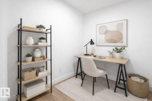This room features light-colored walls and hardwood flooring - 516 260 Bellerose Dr, St. Albert, AB - Indoor Photo Showing Office