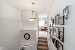 Carpeted staircase with white walls and a ceiling light fixture - 