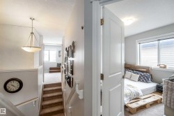 View of a carpeted staircase with a hanging light fixture and a room with a window - 