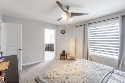 This room features a ceiling fan with integrated lighting, a window with horizontal blinds and curtains, and neutral-toned carpet flooring - 