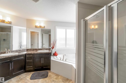 This bathroom features a double vanity with dark cabinetry, dual sinks, and expansive mirrors - 12232 167B Avenue, Edmonton, AB - Indoor Photo Showing Bathroom