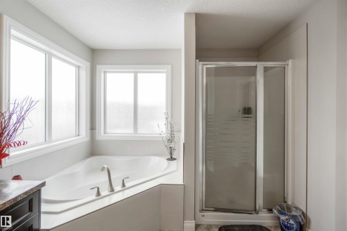 The bathroom features a built-in corner bathtub with a brushed nickel faucet and two windows, alongside a standing shower with a glass enclosure - 12232 167B Avenue, Edmonton, AB - Indoor Photo Showing Bathroom