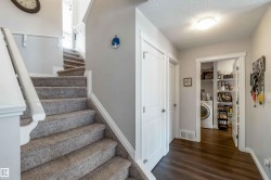 Inviting entryway featuring dark wood-style flooring, a staircase with carpeted treads and white banisters, and a laundry area with a washing machine and shelving - 