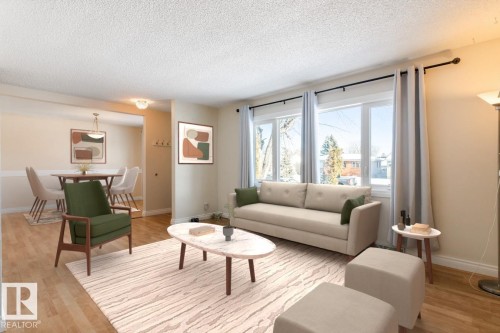 Bright living area featuring light wood flooring, a decorative area rug, and large windows with privacy curtains - 7324 77 Street, Edmonton, AB - Indoor Photo Showing Living Room
