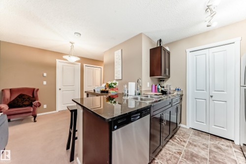 The kitchen features dark wood cabinetry, a stainless steel dishwasher, and a double basin sink - 116 5810 Mullen Place, Edmonton, AB - Indoor Photo Showing Kitchen With Double Sink