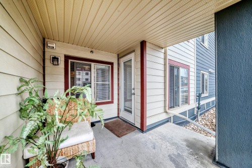 The property features a covered patio with concrete flooring - 116 5810 Mullen Place, Edmonton, AB - Outdoor With Deck Patio Veranda With Exterior