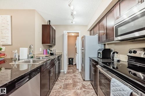 The kitchen features dark wood cabinetry, stainless steel appliances, and dark countertops - 116 5810 Mullen Place, Edmonton, AB - Indoor Photo Showing Kitchen With Double Sink