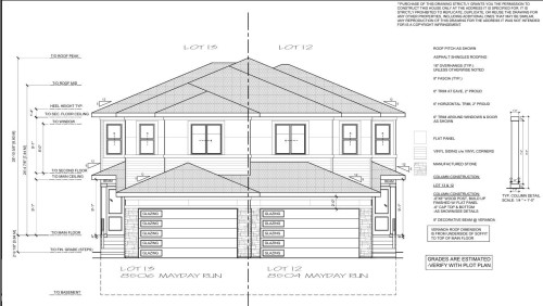 Architectural Drawing. Providing exterior elevations and material specifications for the property - 8504 Mayday Run, Edmonton, AB - Other