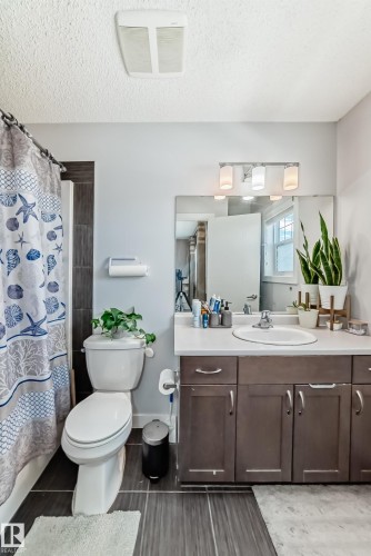 The bathroom features a vanity with a white countertop and a mirror, a toilet, and a shower with a patterned curtain - 8204 224 Nw, Edmonton, AB - Indoor Photo Showing Bathroom