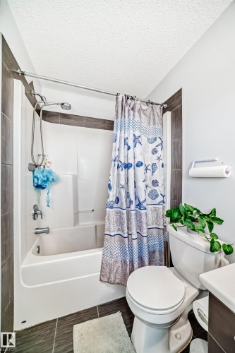 This bathroom features a white bathtub with a shower, a toilet, and dark-colored floor tiles - 8204 224 Nw, Edmonton, AB - Indoor Photo Showing Bathroom