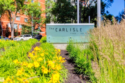 Entrance featuring a prominent sign for "The Carlisle" amidst vibrant landscaping with yellow flowers and tall grasses - 102 11826 100, Edmonton, AB - Outdoor