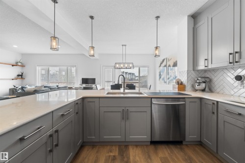 The kitchen features light-colored countertops, grey cabinetry with dark hardware, and a stainless steel dishwasher - 4917 Charles Point(E), Edmonton, AB - Indoor Photo Showing Kitchen With Upgraded Kitchen
