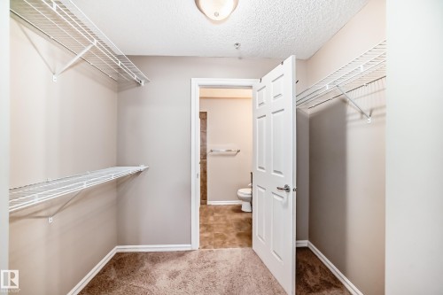 The property features a closet with wire shelving, carpeted flooring, and a neutral wall color - 208 2204 44 Ave, Edmonton, AB - Indoor With Storage