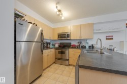 The kitchen features stainless steel appliances, light-toned cabinetry, and dark countertops - 
