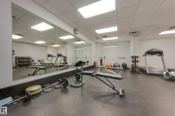 Dedicated fitness area featuring a variety of exercise equipment including weights and a treadmill, with extensive mirrored walls and overhead lighting - 