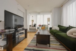 The living area features light hardwood flooring, a green sofa, and an area rug with a striped pattern - 