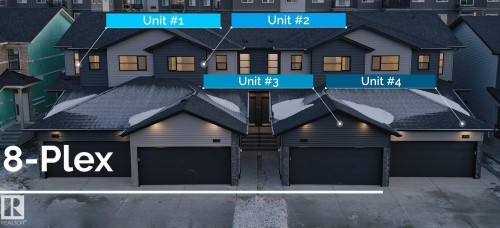 The property is an 8-plex building featuring a modern architectural design with dark roofs, light and dark grey siding, and stone accents - 7694 174A Avenue, Edmonton, AB - Outdoor