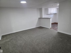 Finished below grade area featuring baseboards and dark colored carpet - 