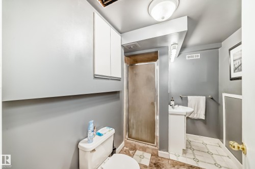 The bathroom features a standing shower with a glass door, a vanity with a white sink, and patterned floor tiling - 4446 116 Avenue, Edmonton, AB 