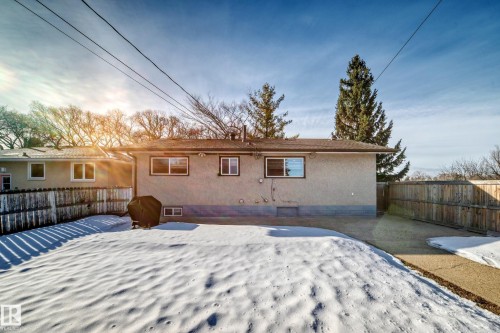 The property features a fenced backyard with a concrete patio area and ample space for outdoor activities - 4446 116 Avenue, Edmonton, AB 