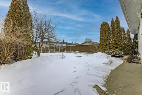 The property features an extensive backyard with mature trees and a concrete walkway - 16108 100 Street, Edmonton, AB - Outdoor