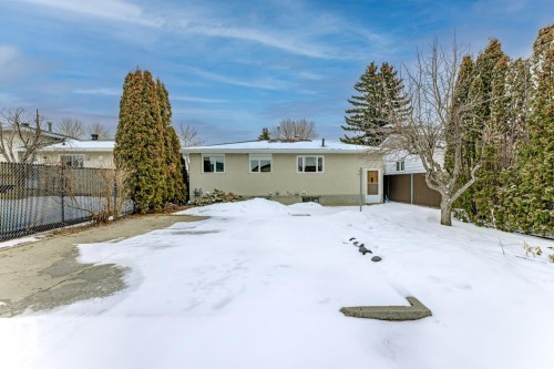 The property features a spacious backyard with a large lawn area and mature evergreen trees - 16108 100 Street, Edmonton, AB - Outdoor