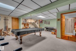 The property features a spacious room with light-colored carpeting, light green walls, and a drop ceiling with recessed lighting - 