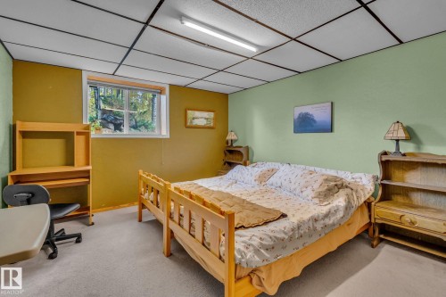 The room features carpeted flooring and a window providing an exterior view of trees - 60017 Range Road 42, Rural Barrhead County, AB - Indoor Photo Showing Bedroom