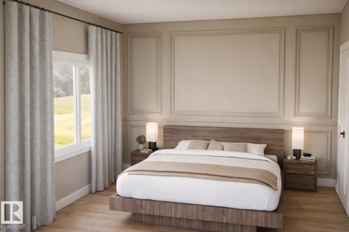This bedroom features wood flooring, a window with views of a green landscape, and a decorative wall panel accent - 16 Grayson Green, Stony Plain, AB - Indoor Photo Showing Bedroom