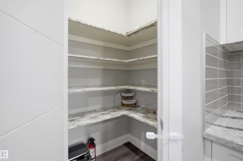 The property features a well-organized pantry with corner shelving, providing extensive storage space - 8424 Cushing Court, Edmonton, AB - Indoor With Storage