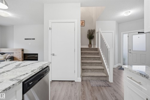 The property features a kitchen island with a granite countertop and a built-in dishwasher - 8424 Cushing Court, Edmonton, AB - Indoor Photo Showing Kitchen
