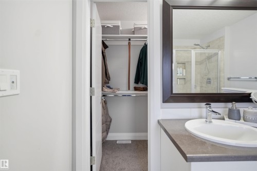 The property includes a vanity with a sink and faucet, a framed mirror, and a shower with a clear glass enclosure - 8424 Cushing Court, Edmonton, AB - Indoor Photo Showing Bathroom