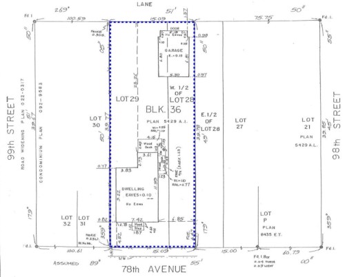 Survey Plan. Illustrating property boundaries, structures, and dimensions for the subject parcel - 9828 78 Avenue, Edmonton, AB 