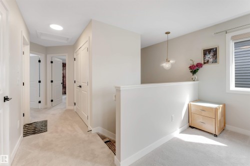This property features carpeted hallways, white paneled doors with black hardware, and a round overhead light fixture - 6404 27 Avenue, Edmonton, AB - Indoor Photo Showing Other Room