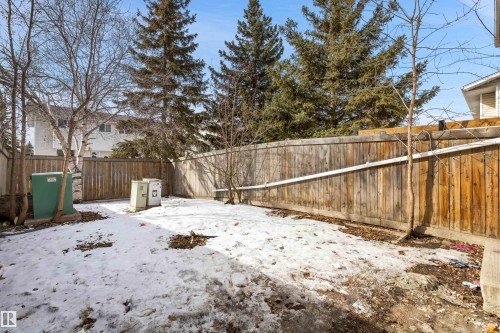 The property includes a spacious backyard featuring a wooden fence, mature trees, and a ground covering of snow and bare earth - 18297 74 Avenue, Edmonton, AB - Outdoor