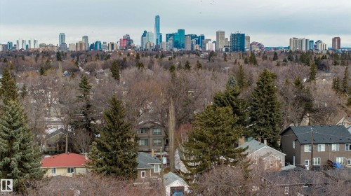 Elevated view of the surrounding residential area featuring a mix of mature evergreen and deciduous trees, with a distant city skyline visible - 10643 66 Avenue, Edmonton, AB - Outdoor With View