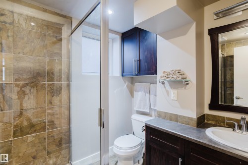 Bathroom featuring a glass-enclosed shower with natural stone tile, a vanity with a sink, and an overhead medicine cabinet - 10643 66 Avenue, Edmonton, AB - Indoor Photo Showing Bathroom