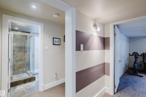 The property features a shower with glass enclosure and tiled walls, recessed lighting, and an additional room with carpeted flooring - 10643 66 Avenue, Edmonton, AB - Indoor Photo Showing Other Room