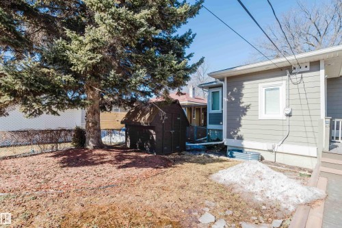 The property features a shed, mature tree, and a side exterior with siding and a window - 10643 66 Avenue, Edmonton, AB - Outdoor